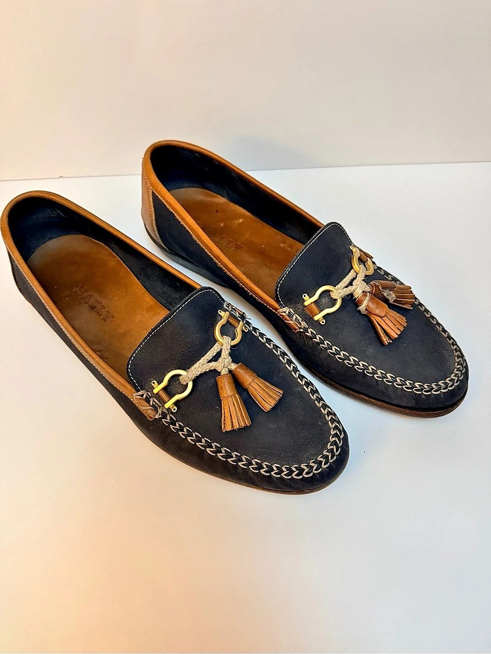 BALLY Men's US 10 Navy Brown Leather Tassel Loafers Slip On Made Italy